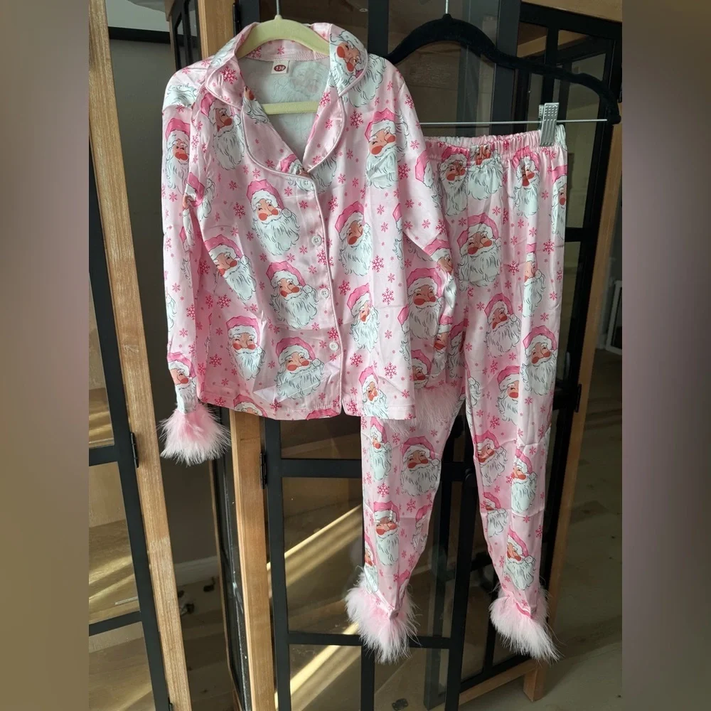 Santa pajamas set feather trim silky satin long sleeve button down christmas top
